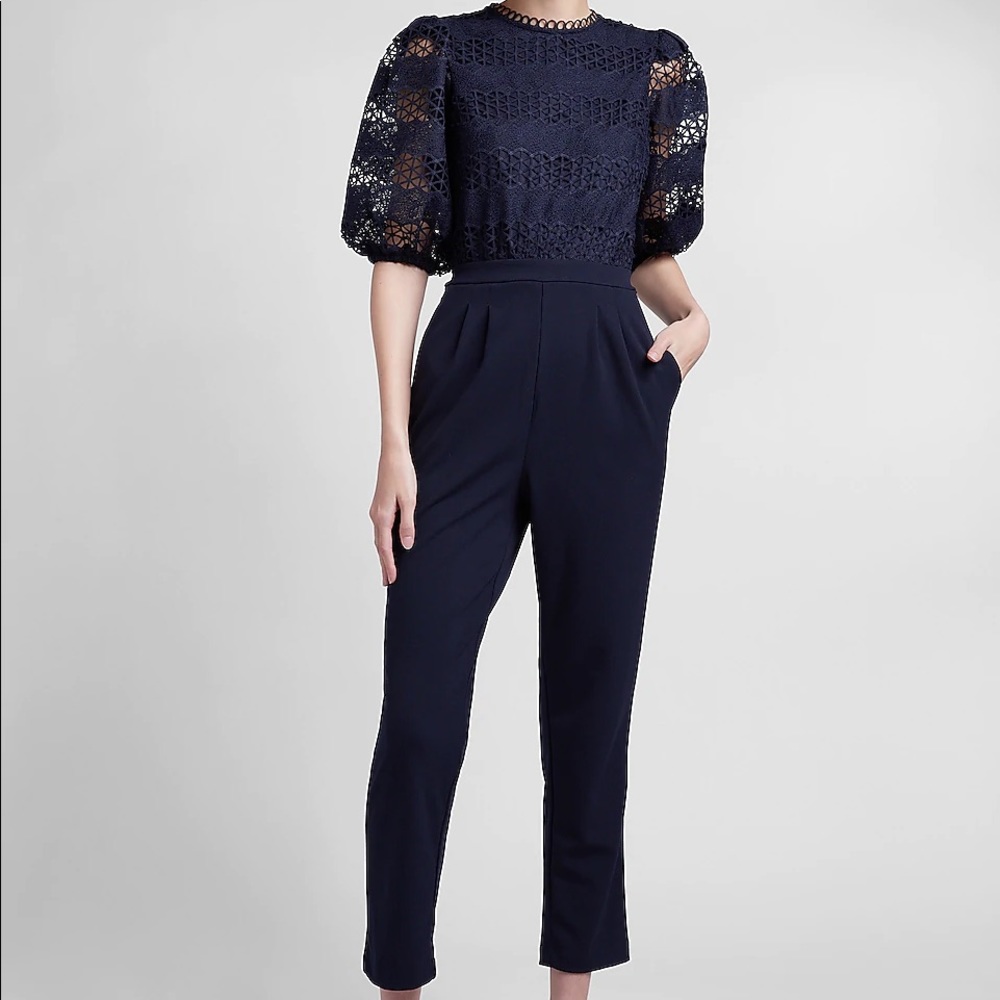 Express Lace Bodice Puff Sleeve Jumpsuit
